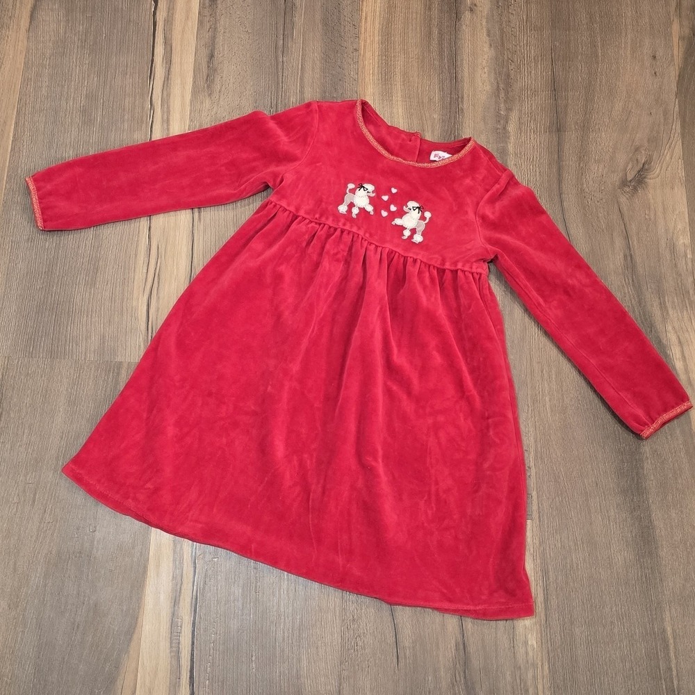 Girls 6 Poodle Long Sleeve Dress Vintage Red Gold Valentines Heart Dog‎ Soft